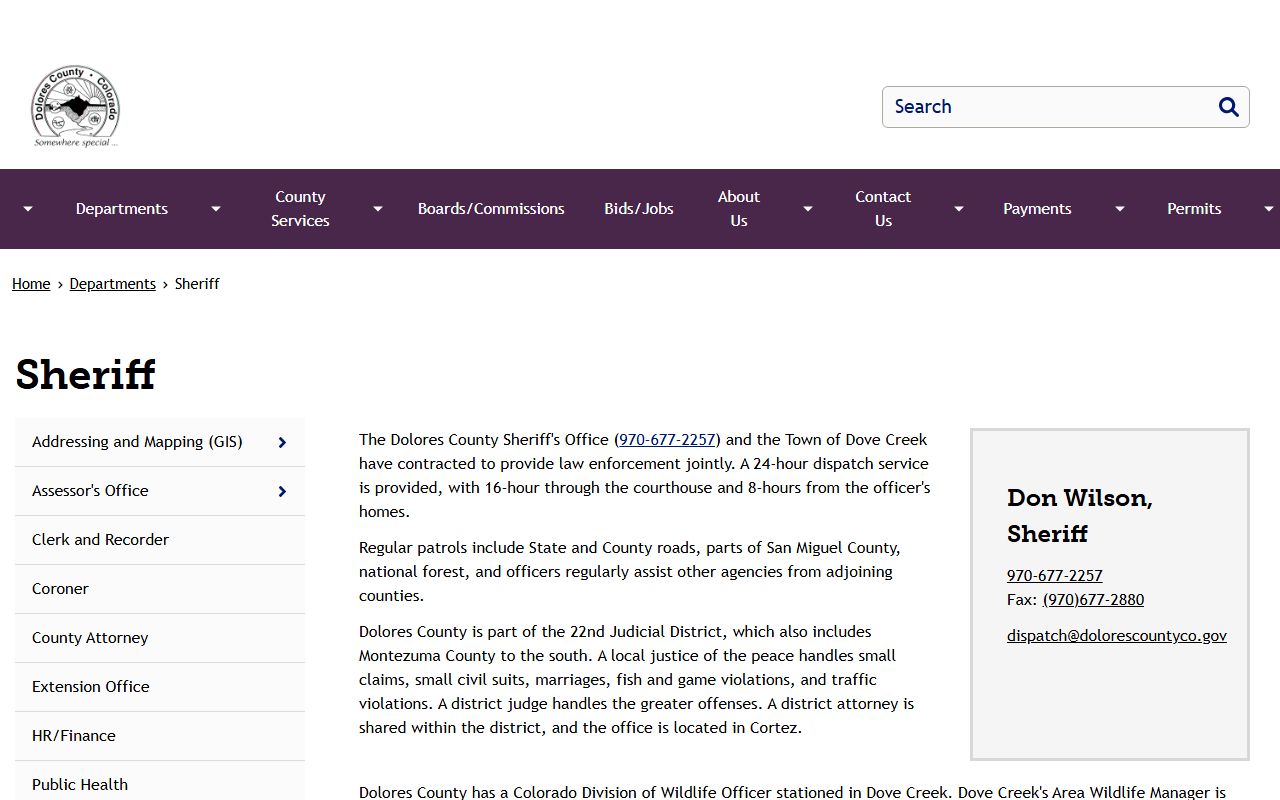 Dolores County Sheriff inmate population contact page