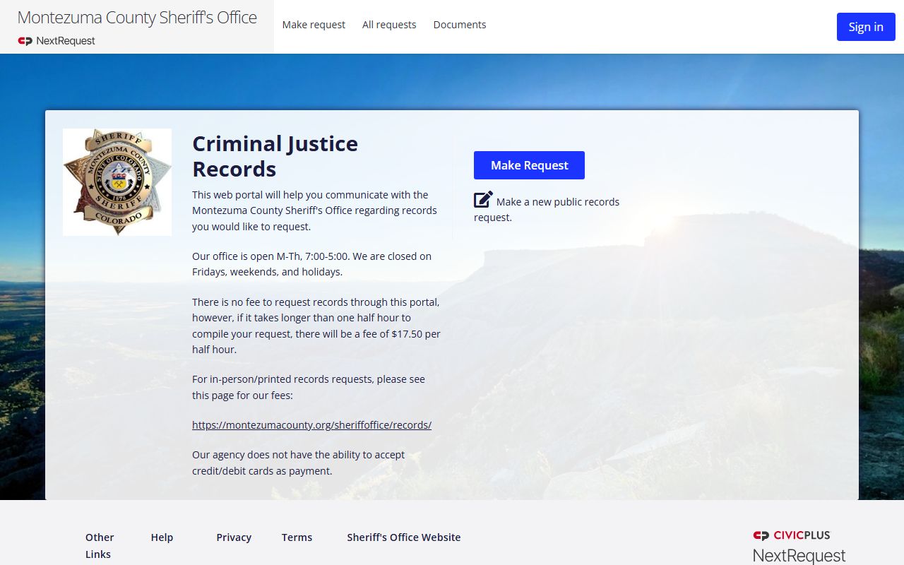 Dolores County booking photo records request portal for Montezuma Sheriff records